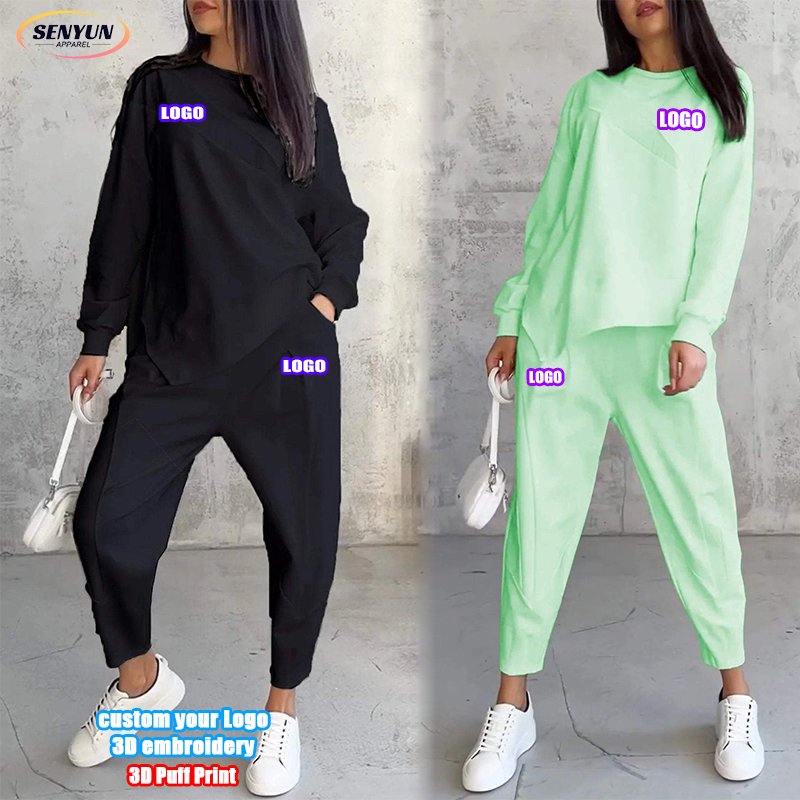 High Quality Fashion Blank 2 Piece Tracksuits Custom Logo Oversized Boxy Sexy Sports Plus Size Jogger Crewneck Women'S Sets