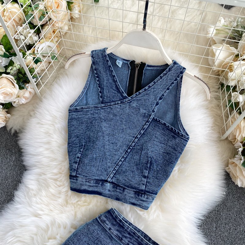 Women's Sets Autumn Solid Tops Casual High Waist Denim Skirt Set Ropa Wholesale