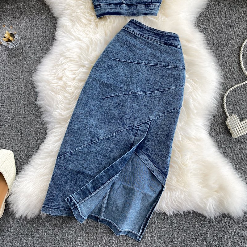 Women's Sets Autumn Solid Tops Casual High Waist Denim Skirt Set Ropa Wholesale