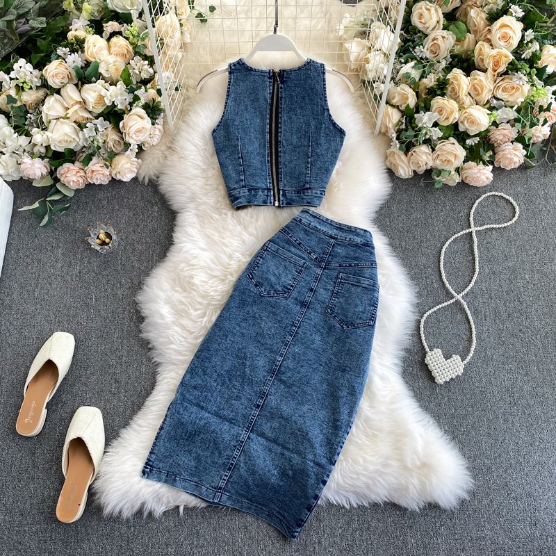Women's Sets Autumn Solid Tops Casual High Waist Denim Skirt Set Ropa Wholesale