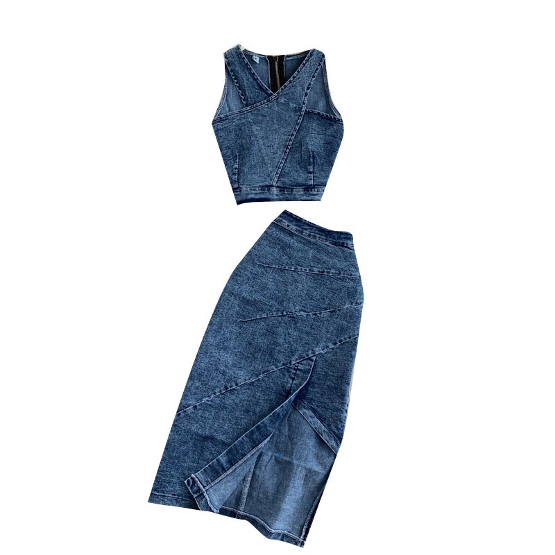 Women's Sets Autumn Solid Tops Casual High Waist Denim Skirt Set Ropa Wholesale