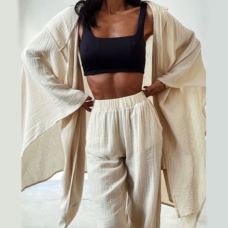 Women's Casual Linen Long Sleeve Asymmetric Cardigan & Pant 2pcs Set 2024 Spring New Female Fashion Trousers Outfits Home