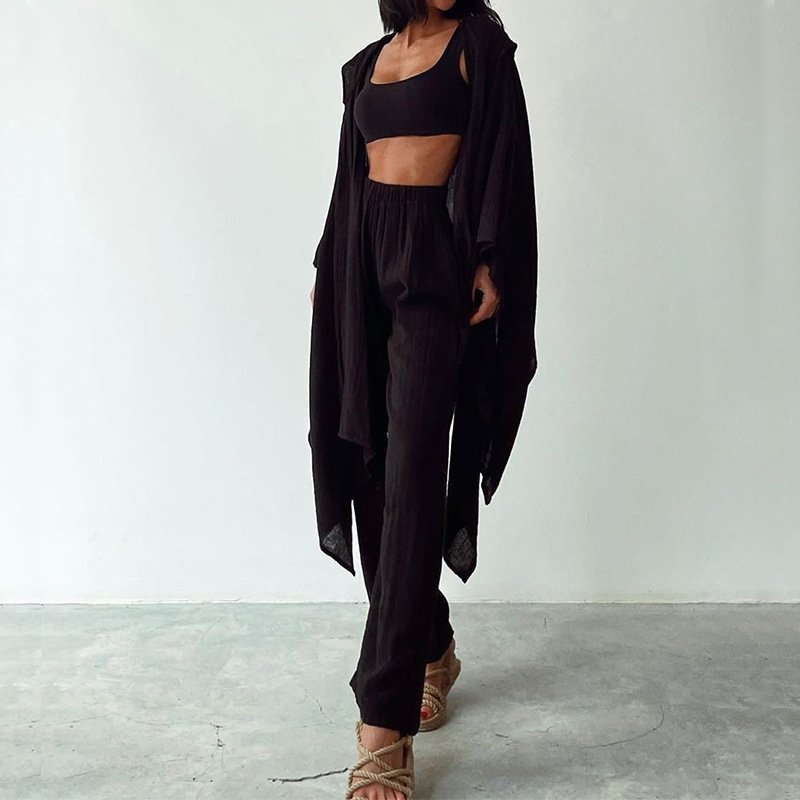 Women's Casual Linen Long Sleeve Asymmetric Cardigan & Pant 2pcs Set 2024 Spring New Female Fashion Trousers Outfits Home