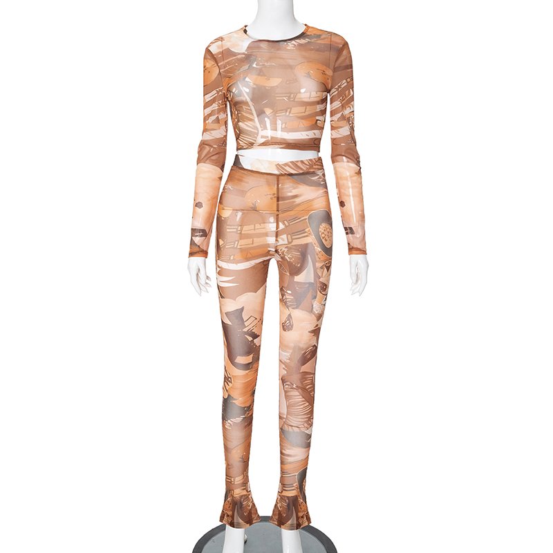 Bomblook K24ST091 Spring Mesh See Through Crop Top With Flare Pants Women's Set 2 Piece Set Women Two Pieces Print Sets 2024