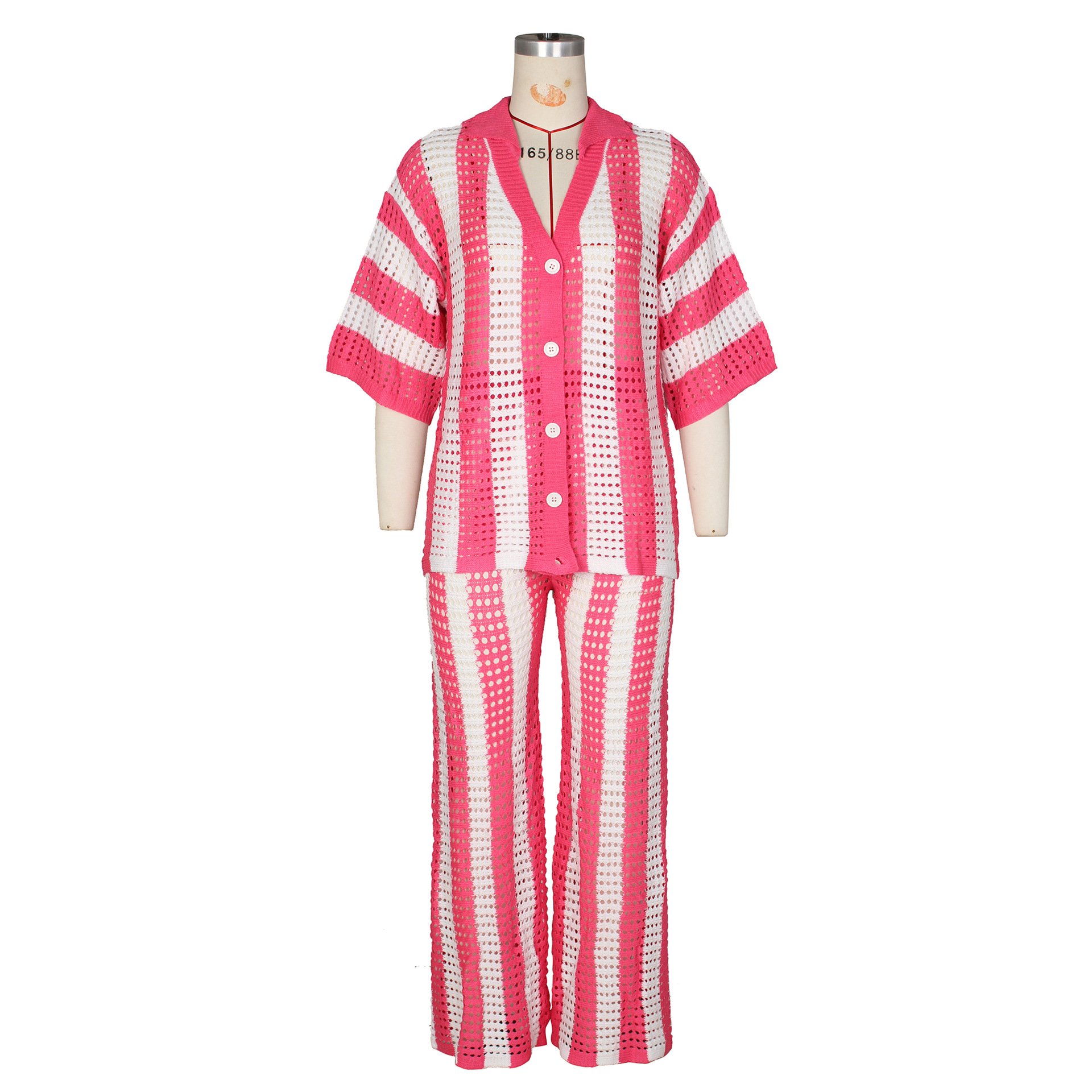 Summer Stripe Sexy Color Block Two Piece Crochet Knit Short Sleeve Top Long Pants Sets Two Piece Set Women Clothing Women'S Set