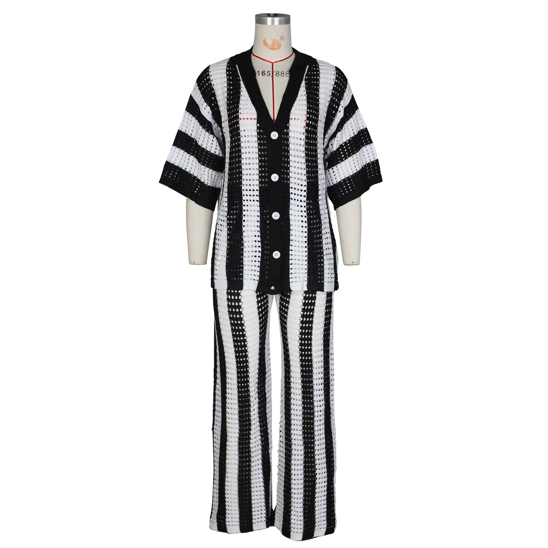 Summer Stripe Sexy Color Block Two Piece Crochet Knit Short Sleeve Top Long Pants Sets Two Piece Set Women Clothing Women'S Set