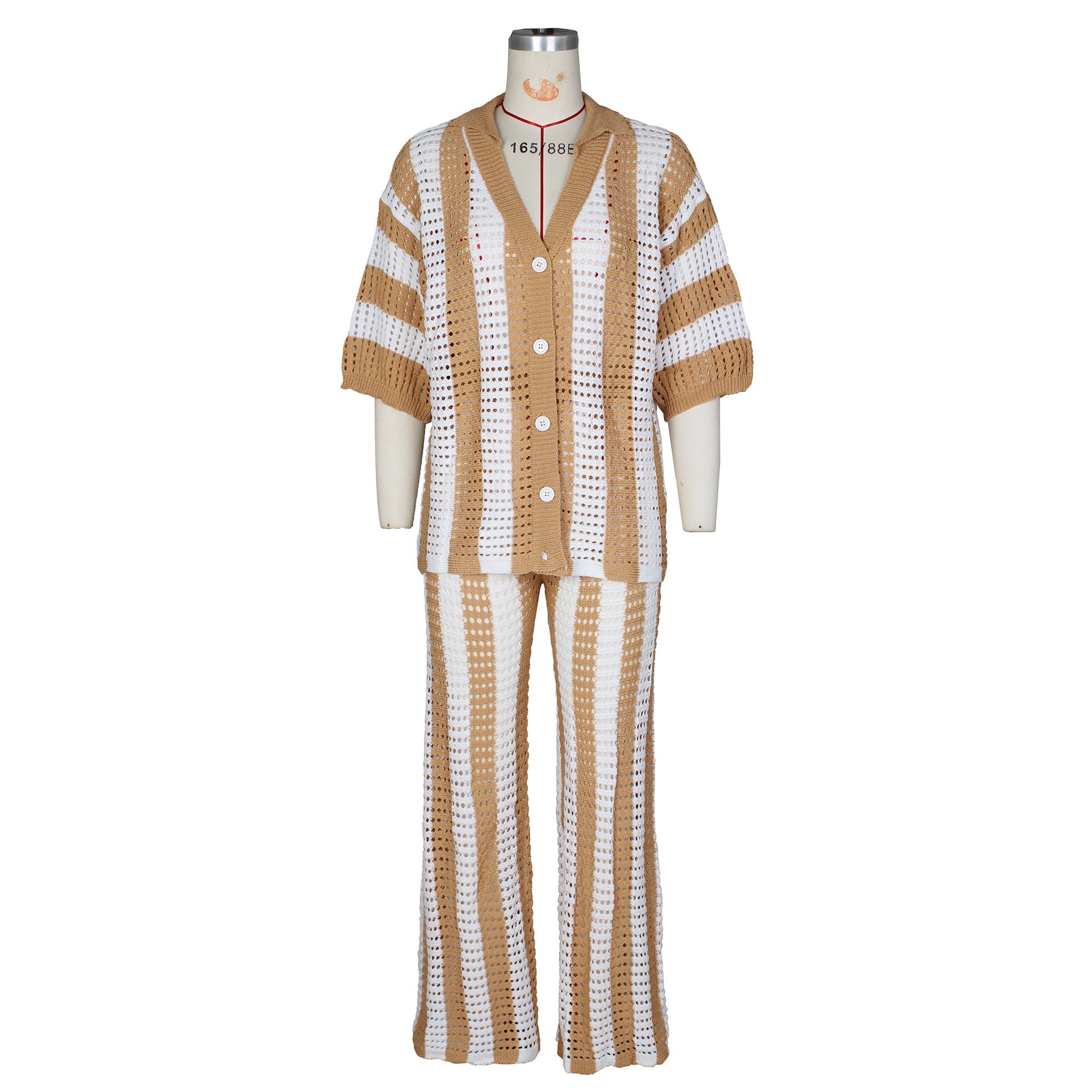 Summer Stripe Sexy Color Block Two Piece Crochet Knit Short Sleeve Top Long Pants Sets Two Piece Set Women Clothing Women'S Set