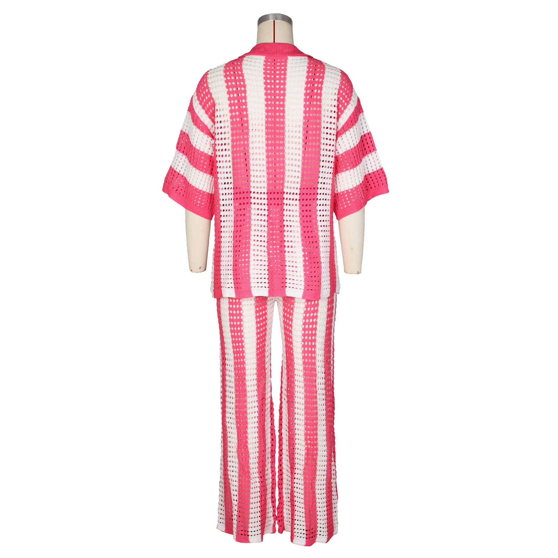 Summer Stripe Sexy Color Block Two Piece Crochet Knit Short Sleeve Top Long Pants Sets Two Piece Set Women Clothing Women'S Set