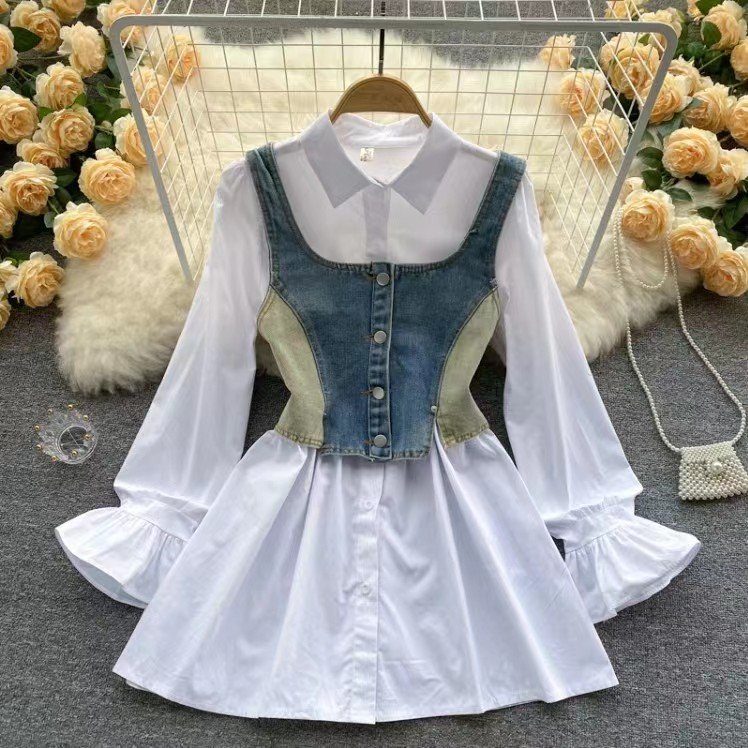 Foreigner Set Women's 2023 New Korean Edition Denim Sling+Shirt Dress Two Piece Set