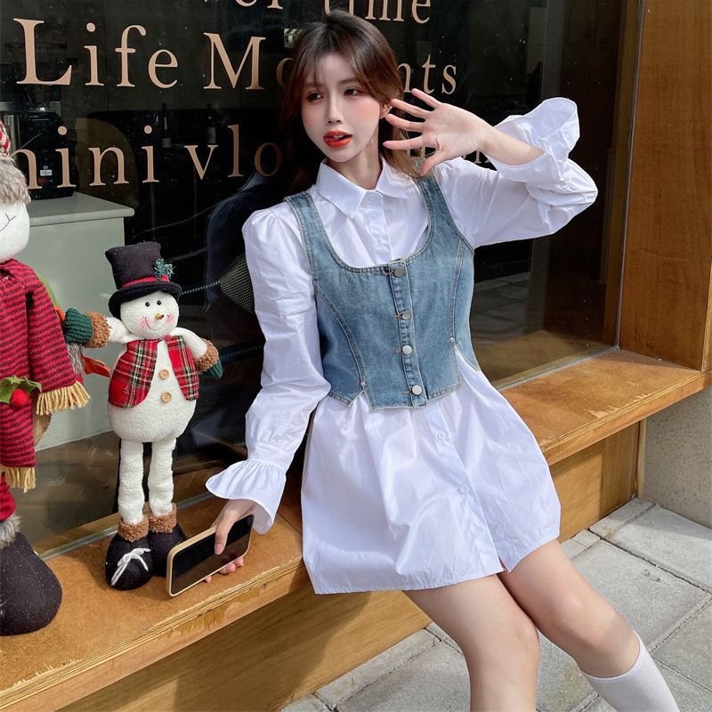 Foreigner Set Women's 2023 New Korean Edition Denim Sling+Shirt Dress Two Piece Set