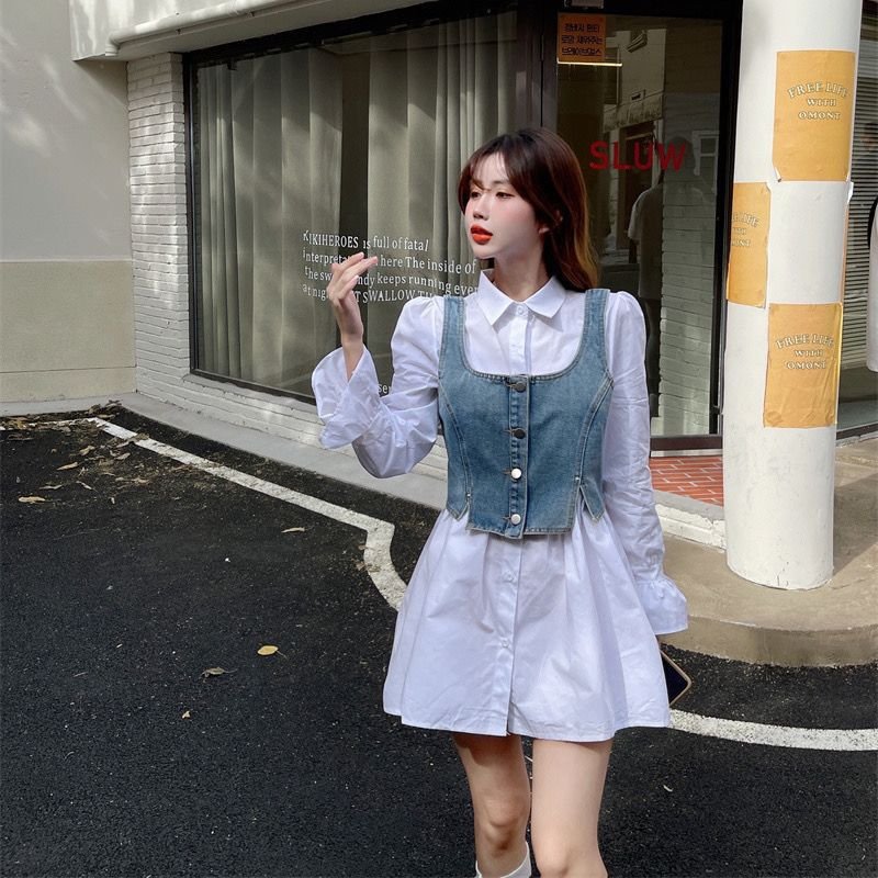 Foreigner Set Women's 2023 New Korean Edition Denim Sling+Shirt Dress Two Piece Set