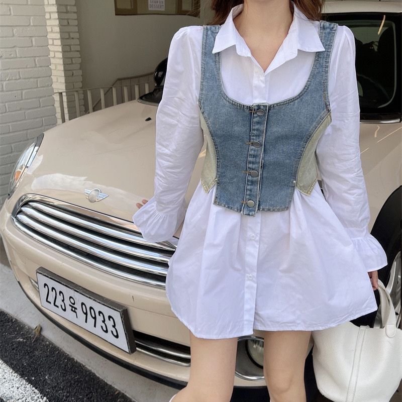 Foreigner Set Women's 2023 New Korean Edition Denim Sling+Shirt Dress Two Piece Set