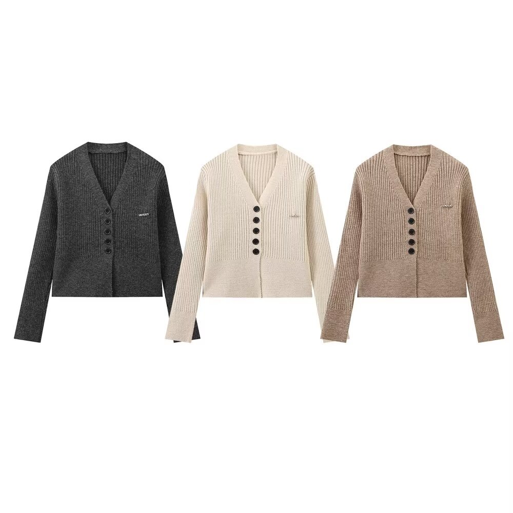PB&ZA set woman 2 pieces 2024 Five-button vertical bar set Fashion Vintage Long Sleeve Sweater Vents Female + Pants Women's suit