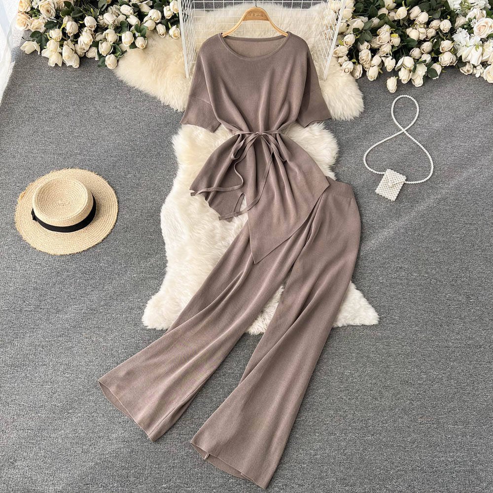 Fashion Women'S Suit sets Short Sleeved Tops Casual Wide Leg Pants Trousers sets 2 Piece Set Women