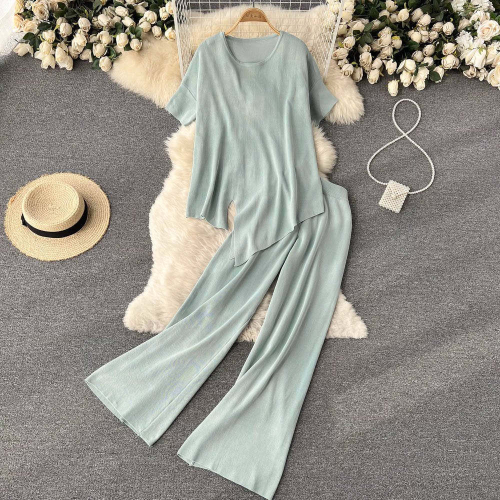 Fashion Women'S Suit sets Short Sleeved Tops Casual Wide Leg Pants Trousers sets 2 Piece Set Women
