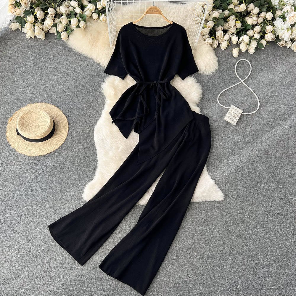 Fashion Women'S Suit sets Short Sleeved Tops Casual Wide Leg Pants Trousers sets 2 Piece Set Women