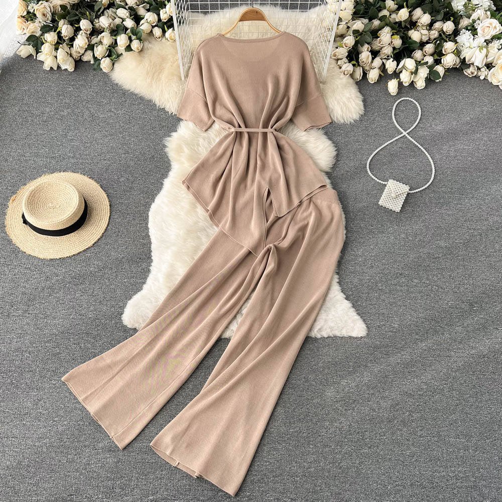 Fashion Women'S Suit sets Short Sleeved Tops Casual Wide Leg Pants Trousers sets 2 Piece Set Women