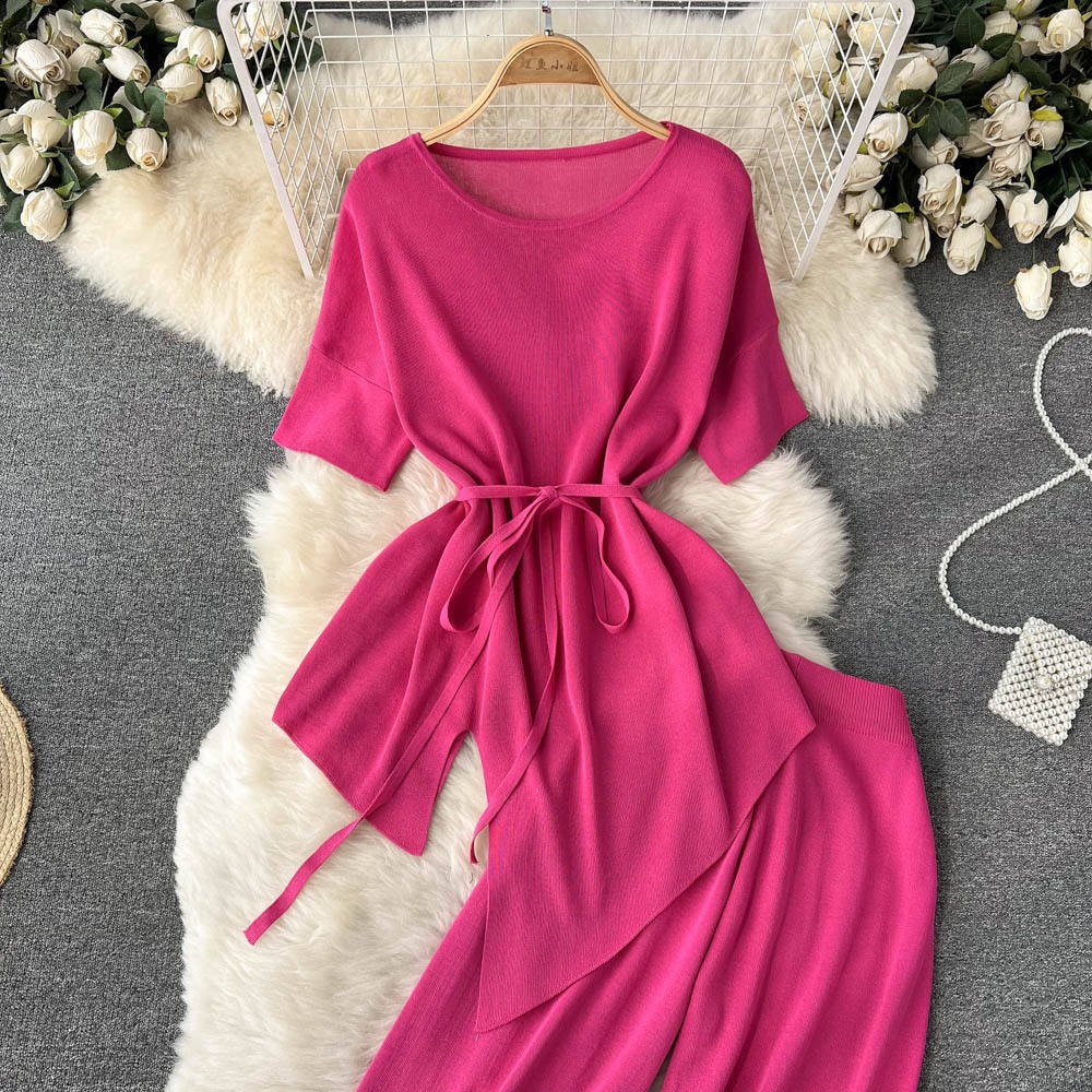 Fashion Women'S Suit sets Short Sleeved Tops Casual Wide Leg Pants Trousers sets 2 Piece Set Women