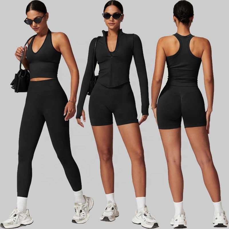 Private Label Women's Ribbed Seamless Yoga Sets 5 pcs Free Matching Workout Outfits Stretchy Sports Apparel Gym Fitness Set