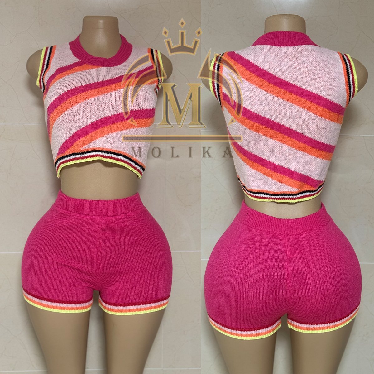 Trendy Women's 2 Piece Outfits Striped Sleeveless Crop Top & Shorts Set Casual Streetwear Two Piece Shorts Sets Women Clothing