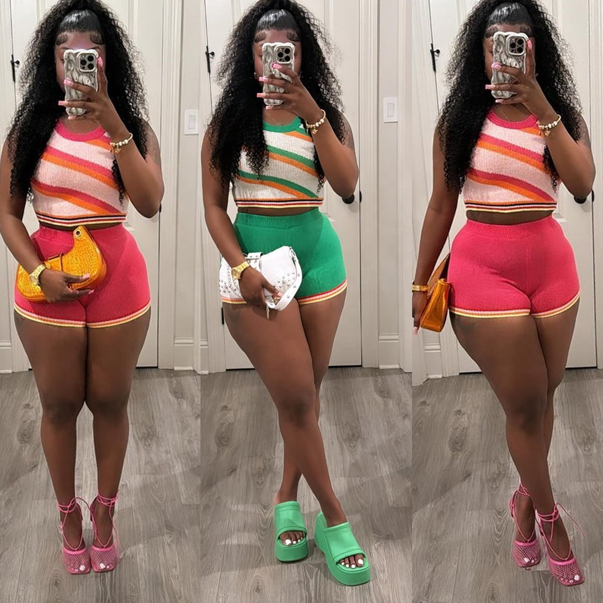 Trendy Women's 2 Piece Outfits Striped Sleeveless Crop Top & Shorts Set Casual Streetwear Two Piece Shorts Sets Women Clothing