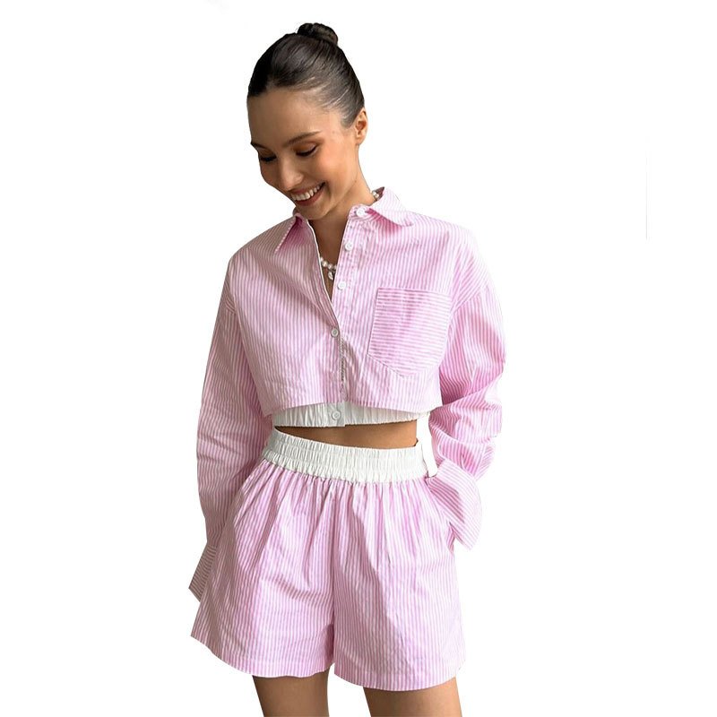 Female Clothing Long Sleeve Striped Shirt 2 Piece Set Women Fashion Casual Elastic Waist Shorts Women's Clothing Set