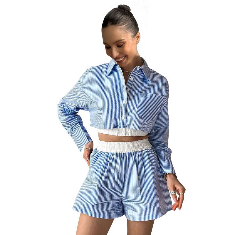 Female Clothing Long Sleeve Striped Shirt 2 Piece Set Women Fashion Casual Elastic Waist Shorts Women's Clothing Set