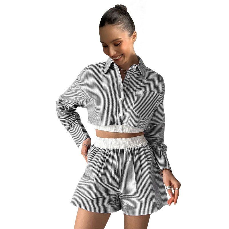 Female Clothing Long Sleeve Striped Shirt 2 Piece Set Women Fashion Casual Elastic Waist Shorts Women's Clothing Set