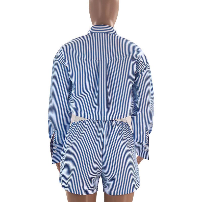 Female Clothing Long Sleeve Striped Shirt 2 Piece Set Women Fashion Casual Elastic Waist Shorts Women's Clothing Set