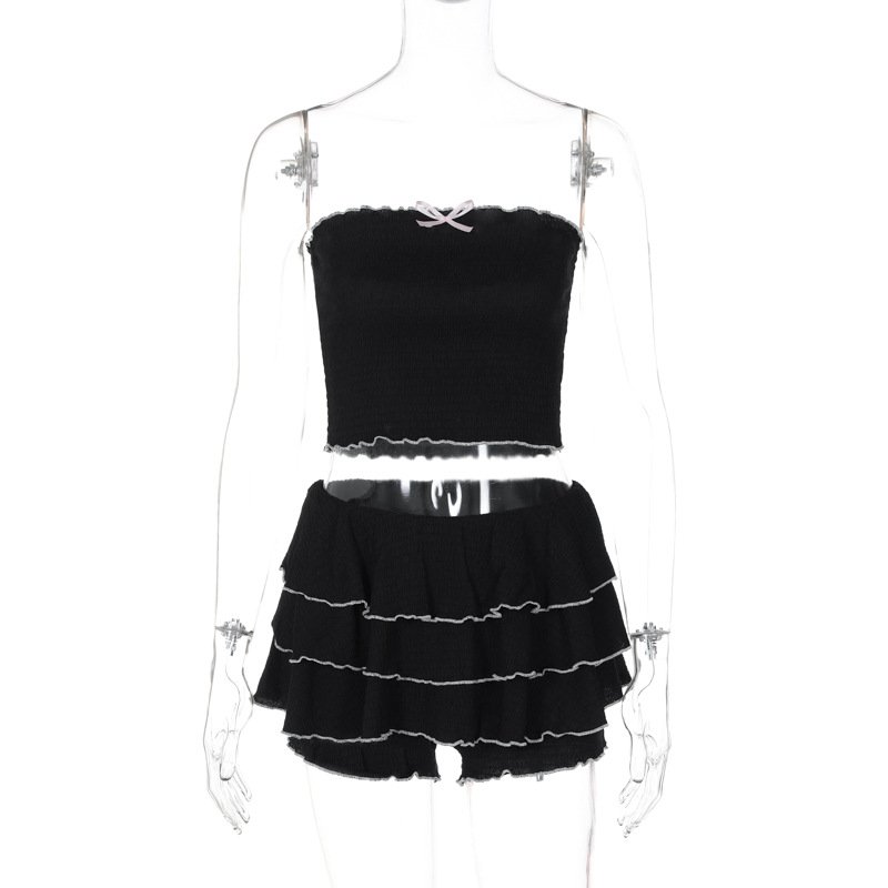 GX6384 Summer 2024 two piece women clothing street wear fashion cute sweet tube top and ruffle mini skirt sexy suit 2 piece set