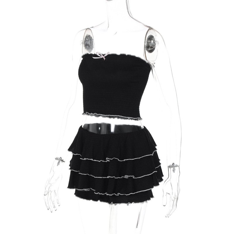 GX6384 Summer 2024 two piece women clothing street wear fashion cute sweet tube top and ruffle mini skirt sexy suit 2 piece set