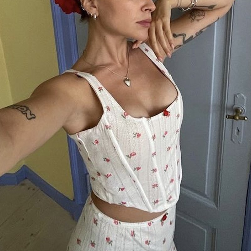 2023 Summer New Women's Fashion Floral Printed Mini Tank Top Slim Wrap Skirt Suits Women Elegant Two-Piece Sets
