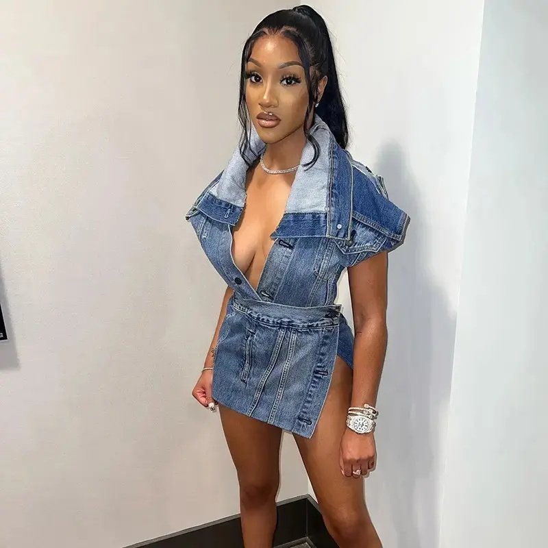 Fashion women's wear summer new casual street style sleeveless high slit denim skirt suit 2 piece set