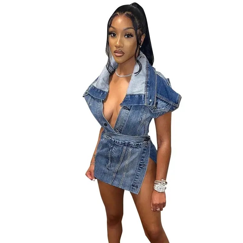 Fashion women's wear summer new casual street style sleeveless high slit denim skirt suit 2 piece set