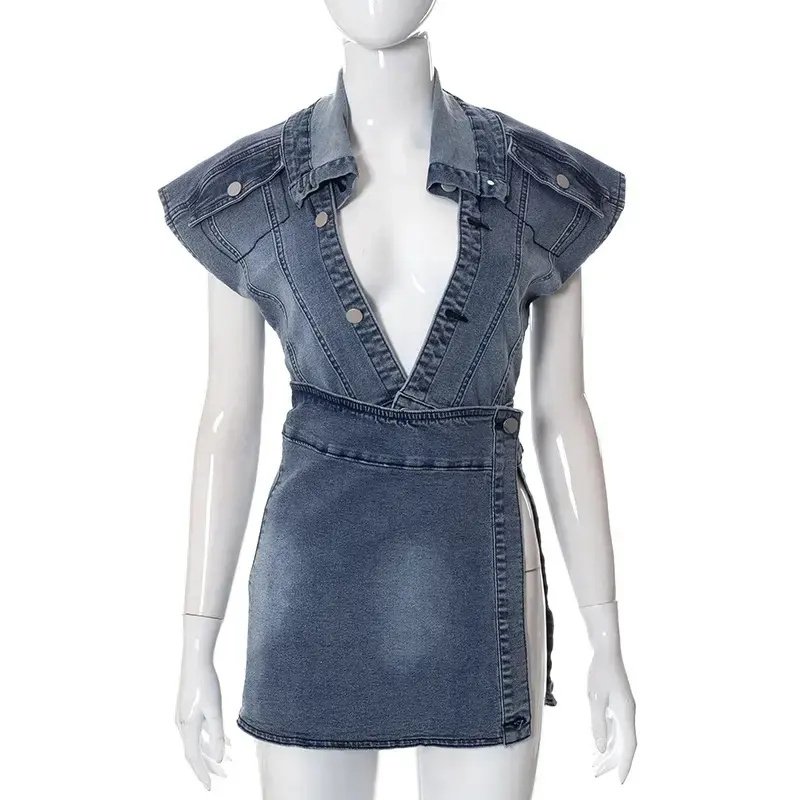 Fashion women's wear summer new casual street style sleeveless high slit denim skirt suit 2 piece set