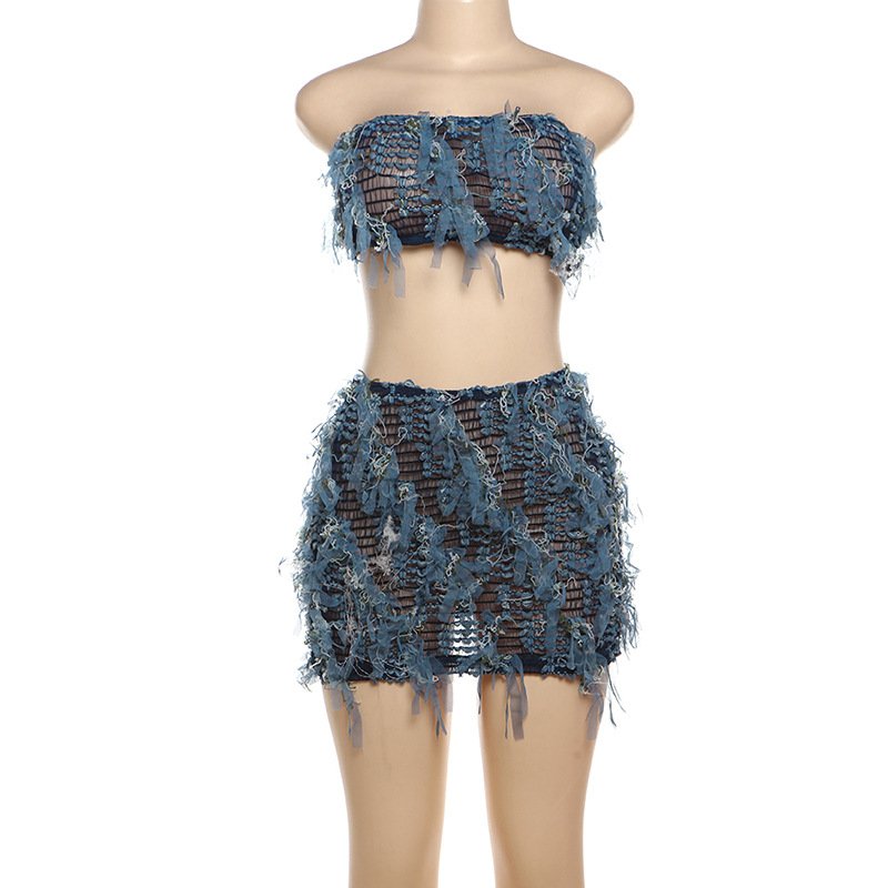JY summer 2024 new tassel strapless crop top and short skirt 2 piece set solid bodycon sexy casual women's set