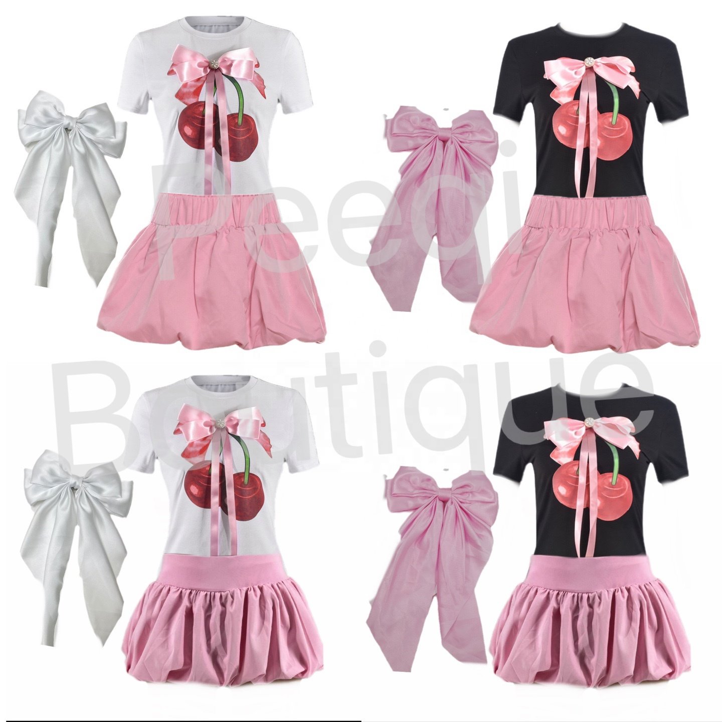 Peeqi silk butterfly t shirt crop tops and bubble mini skirt and bow hairpin casual elegant streetwear Sexy 3 piece women's set