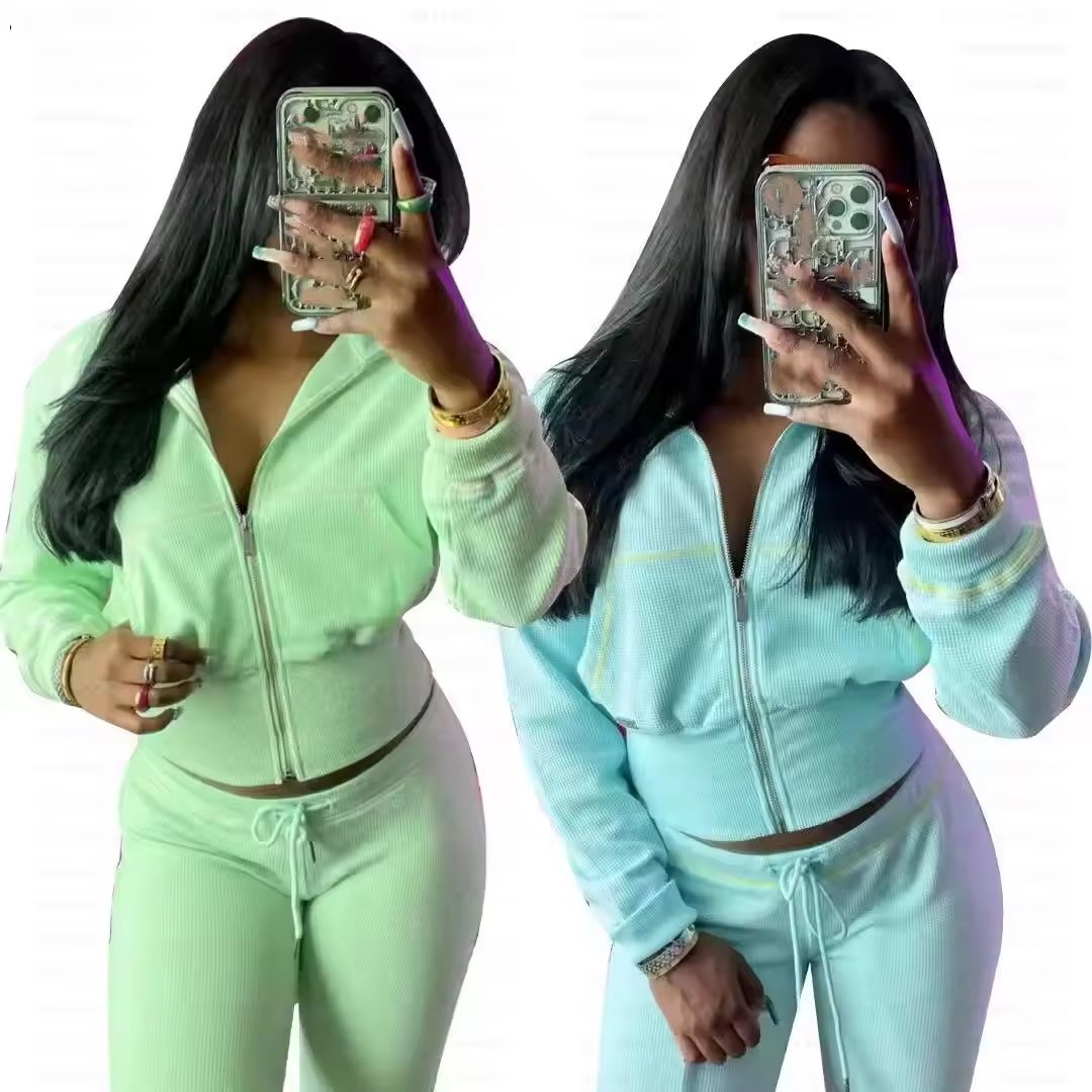 Fall 2024 Women Clothes Loungewear 2 Piece Sets Custom Logo Color Waffle Knit Flared Pants Lounge Women Hoodie Sets