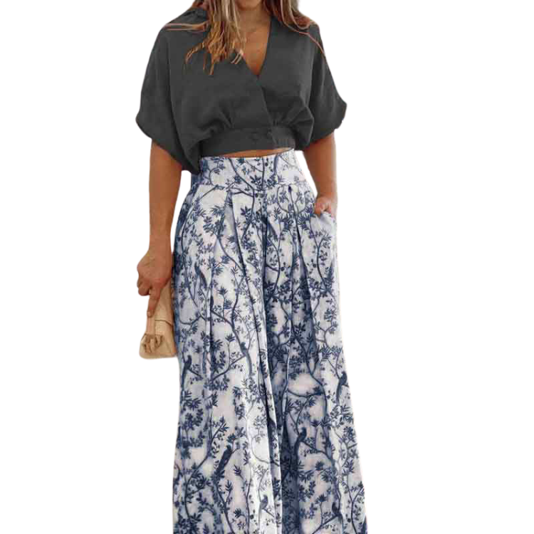 summer women's sets clothes shirt street V neck crop top print wide leg pants stylish casual two piece ladies set women clothing