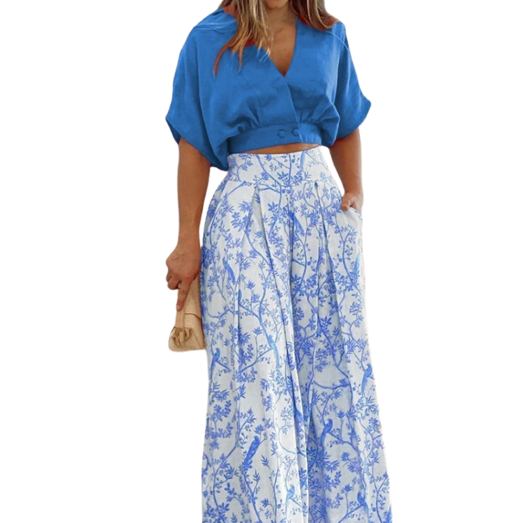 summer women's sets clothes shirt street V neck crop top print wide leg pants stylish casual two piece ladies set women clothing