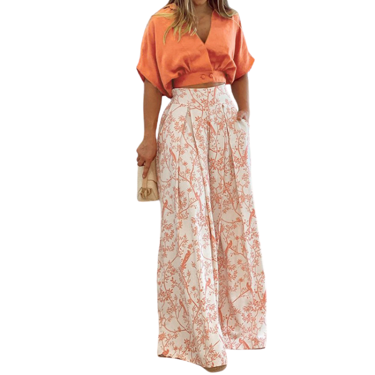 summer women's sets clothes shirt street V neck crop top print wide leg pants stylish casual two piece ladies set women clothing