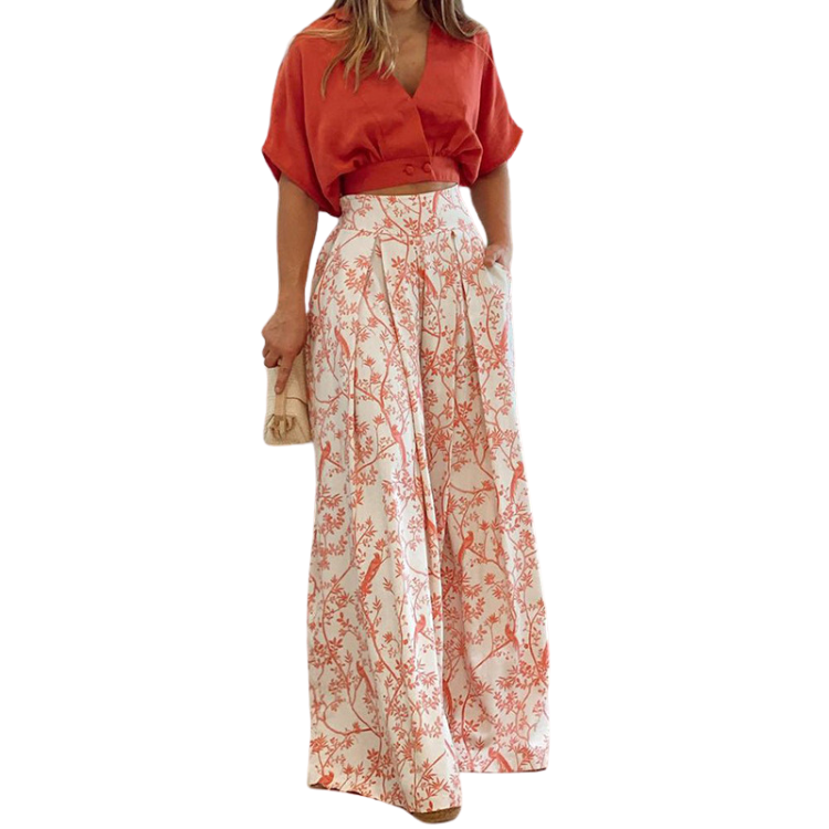 summer women's sets clothes shirt street V neck crop top print wide leg pants stylish casual two piece ladies set women clothing