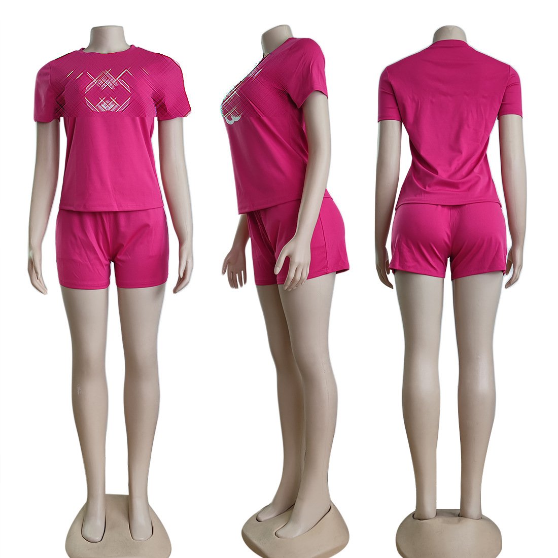 New arrival women brand clothing Summer Pink Short Sleeve Shorts Two Piece Set Casual Brand women's clothing