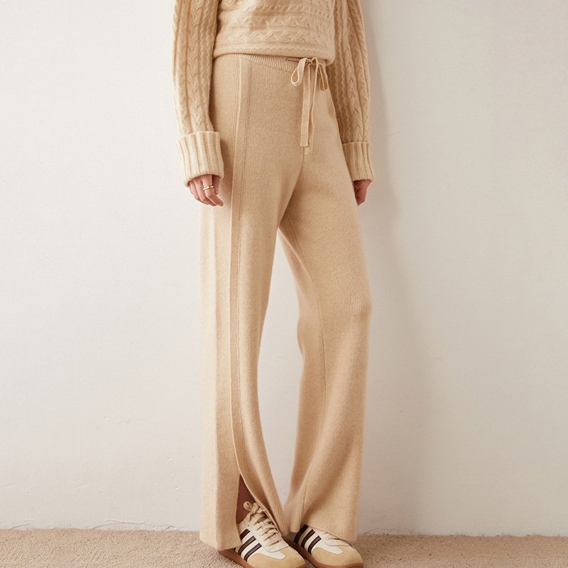 Custom OEM ODM winter cashmere wide leg pants high waist wool drawstring pants solid color cashmere pants for women
