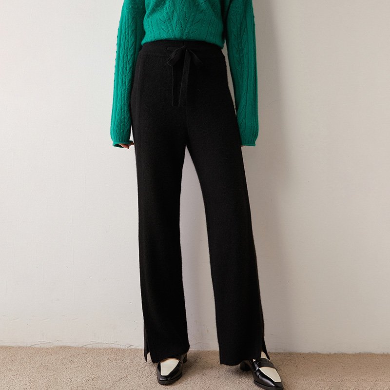 Custom OEM ODM winter cashmere wide leg pants high waist wool drawstring pants solid color cashmere pants for women
