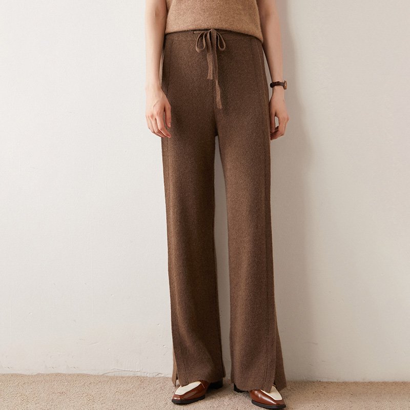 Custom OEM ODM winter cashmere wide leg pants high waist wool drawstring pants solid color cashmere pants for women