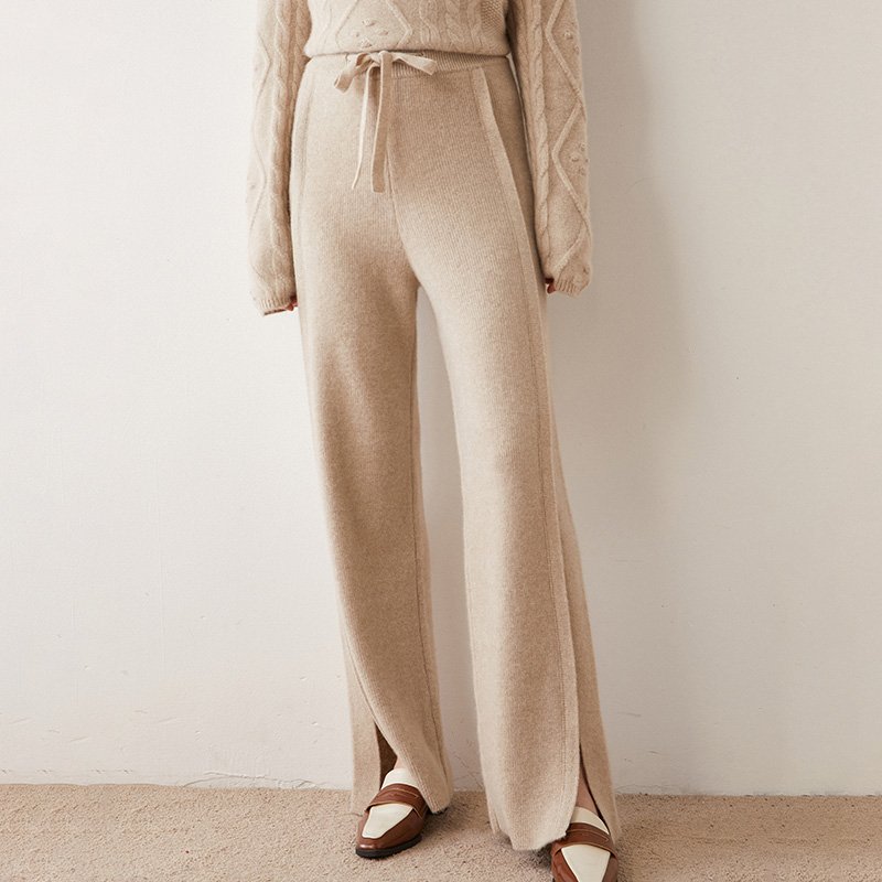 Custom OEM ODM winter cashmere wide leg pants high waist wool drawstring pants solid color cashmere pants for women
