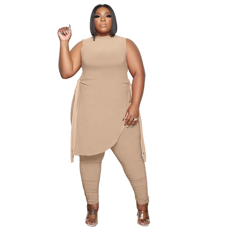 2022 Summer New Arrivals Side Split Sleeveless T Shirt And Stacked Pants Plus Size Women's Sets