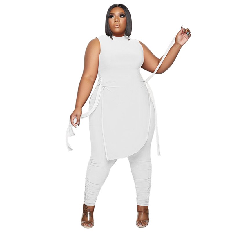 2022 Summer New Arrivals Side Split Sleeveless T Shirt And Stacked Pants Plus Size Women's Sets