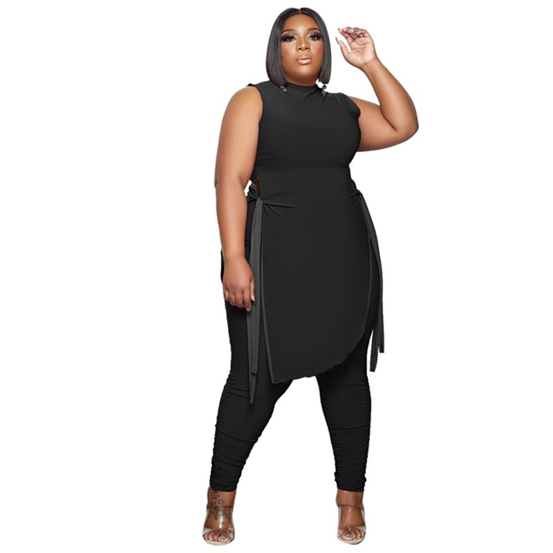 2022 Summer New Arrivals Side Split Sleeveless T Shirt And Stacked Pants Plus Size Women's Sets